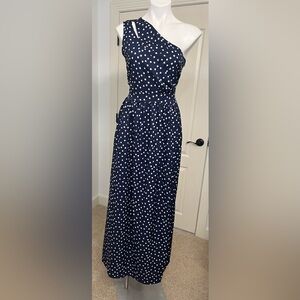 Source Unknown One Shoulder Navy Dress with White Polka Dots